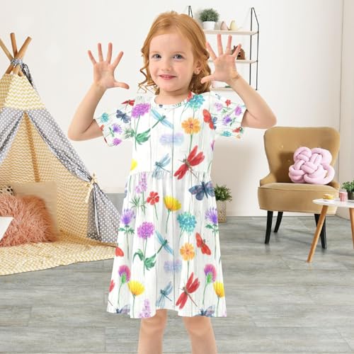 Vintage Wildflowers Dragonflies Toddler Girls Dress Short Sleeve UPF50 Sundress Summer Outfits 2T-8T4