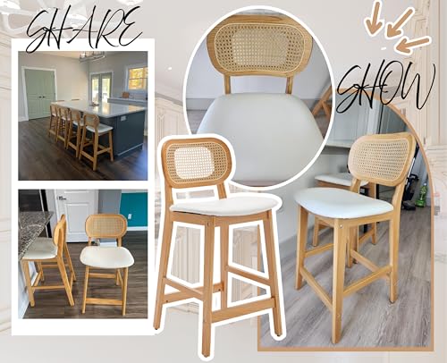 EALSON Counter Height Bar Stools Set of 4 Rattan Back Farmhouse Barstools Mid Century Modern Bar Chairs with Natural Wood Legs Comfortable Leather Upholstered Kitchen Island Chairs, White