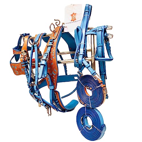 Designer Dual Tone Horse Driving Leather Harness for Single Horse cart with Stainless Steel Hardware (Full, Blue) - Thumbnail 2
