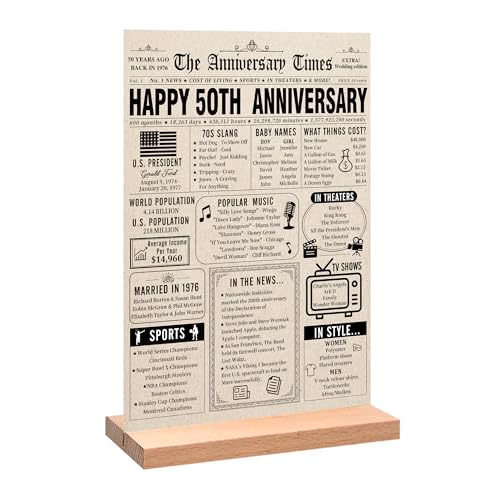 Trgowaul 50th Anniversary Decorations for Women Men Vintage Happy 50th Anniversary Poster Acrylic Table Sign with Stand Golden Wedding Gift for Mom Dad Vintage Funny 50 Year Wedding Decorations