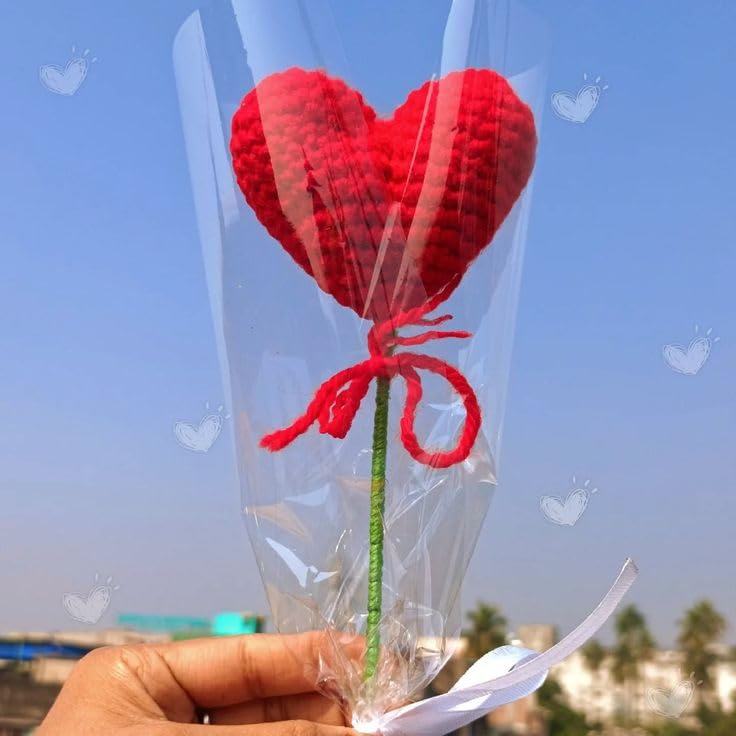 Crochet Heart Flower Bouquet with Burlap Wrap and Red Ribbon | Handmade Knit, Valentine's Day, Artificial Flower, Red Heart Design, Satin Bow Tie-image-38