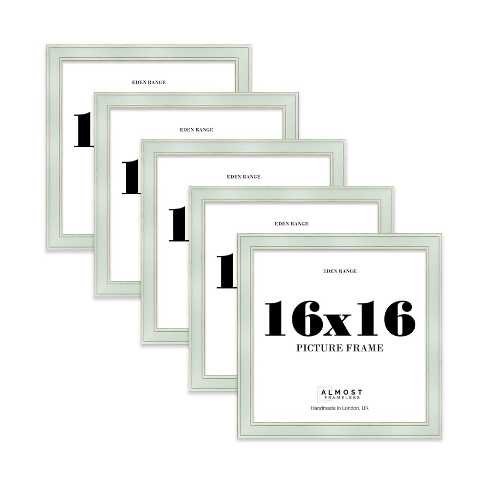16x16 Sage Green Picture Frame - Shabby Chic Photo Frame with Distressed Finish, Gold Trim, Wall Hooks, 37mm Edge - 5 Pack