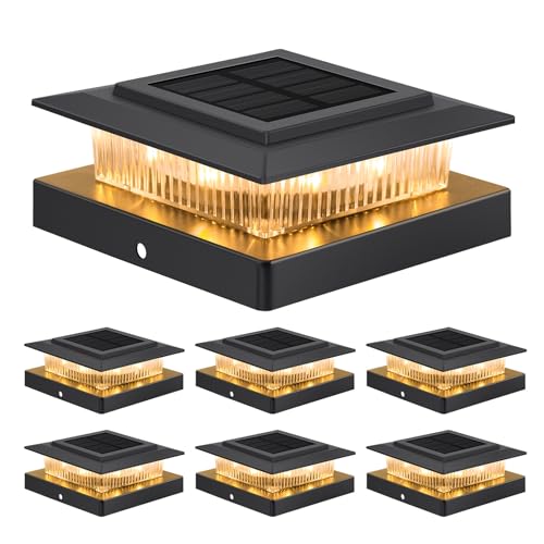 Post Cap Lights 6pack, 4x4 Deck Fence Post Solar Lights Outdoor with Warm White Lighting,Black Waterproof Solar Post Lights for Vinyl/Wood Posts to Decorate Fence, Deck,Garden, Patio