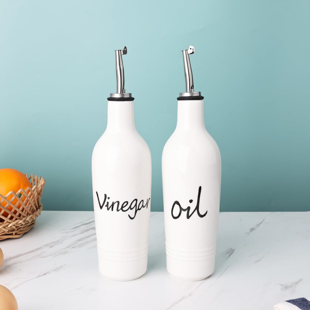 Farmhouse Öl- und Essigspenderflaschen-Set, Keramik, perfekt für die Aufbewahrung von Öl und Essig, 370 ml, Weiß