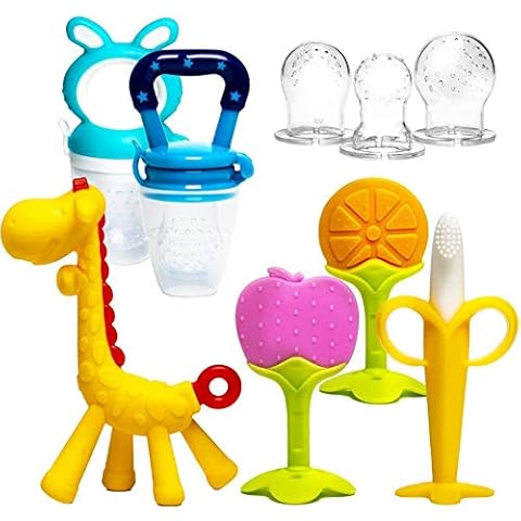 HONGTEYA Beißring für babys 6 Stück Beißring Spielzeug BPA-frei Fruchtsauger Baby 2 Silikon Sauger in 3 Größen Weich Sicher Silikon Cover