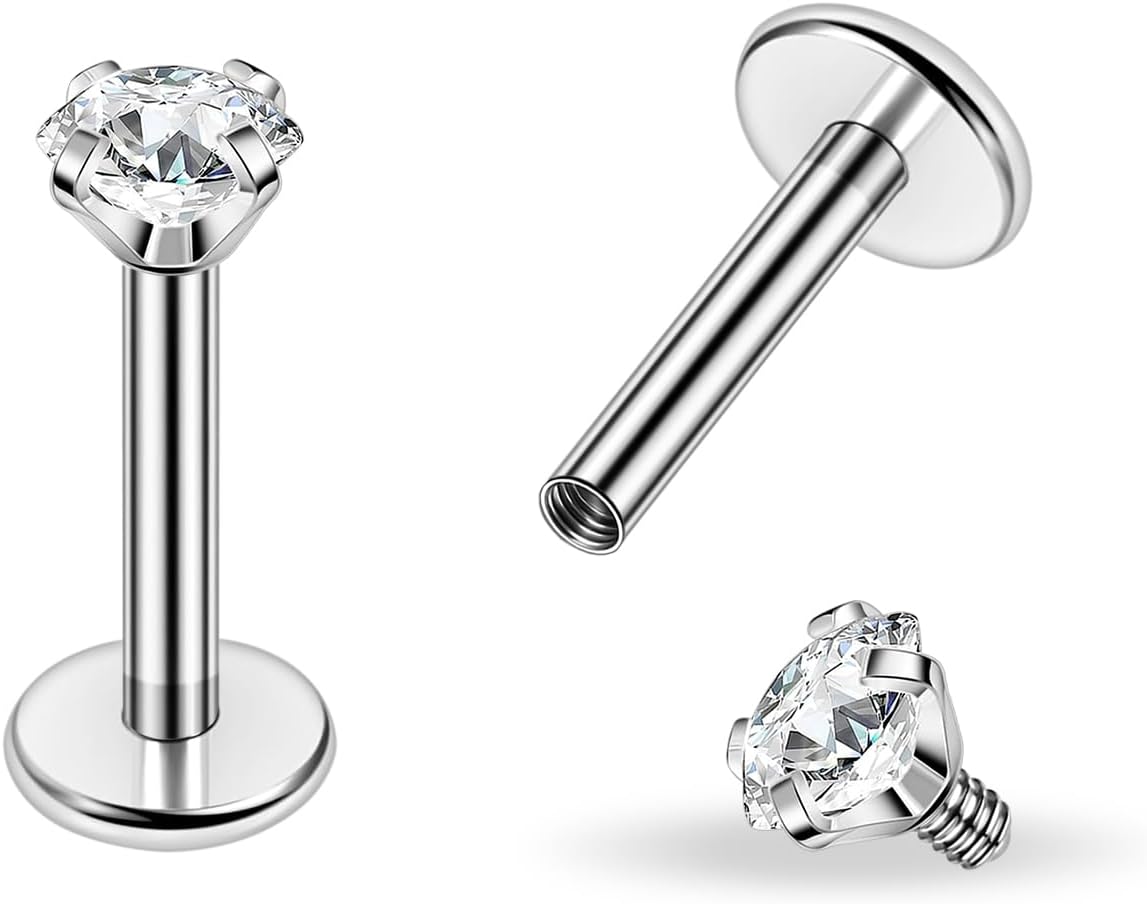 PunkTracker Titanium Steel 16g/18g Internal Thread CZ Stud Piercing Jewelry for Tragus/Nose/Helix/Conch/Medusa/Lip/Daith/Labret - Helix Tragus Cartilage Earring for Women Men 2PCS