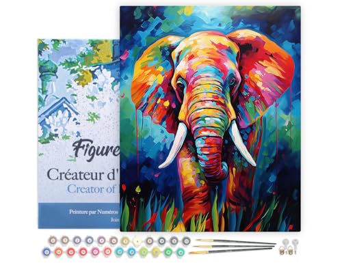 Figured'Art Peinture par Numéro Adulte avec Cadre Éléphant Coloré Abstrait - Activité Manuelle Kit de Loisir Créatif DIY Numéro d'Art Complet Animaux - 40x50cm toile tendue sur châssis