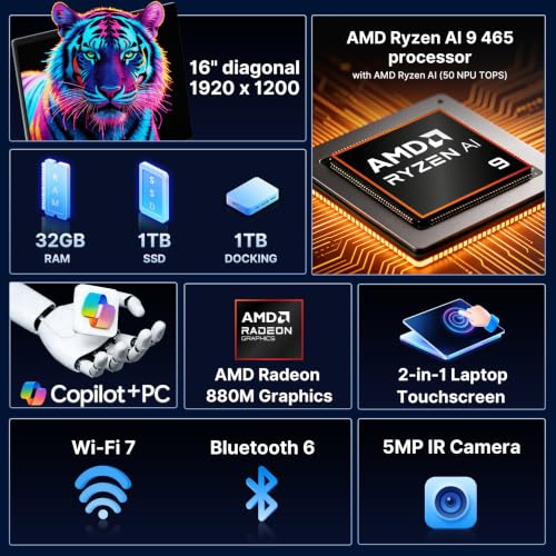 Image of HP OmniBook X Flip 2-in-1 Copilot+ PC Laptop, 16 inch FHD+ OLED Touchscreen, AMD Ryzen AI 9 465, 32GB LPDDR5X, 2TB Storage (1TB SSD+1TB Docking Station), Backlit Keyboard, Wi-Fi 7, Win 11 Pro, Silver