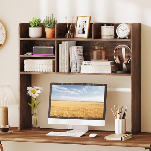 Image of Tangkula Desktop Bookshelf for Computer Up to 32 inch, 37 inch Countertop Storage Hutch with 6 Storage Shelves, 3-Tier Desktop Organizer Display Rack, Wooden Desk Hutch for Dorm Home Office (Rustic Brown)
