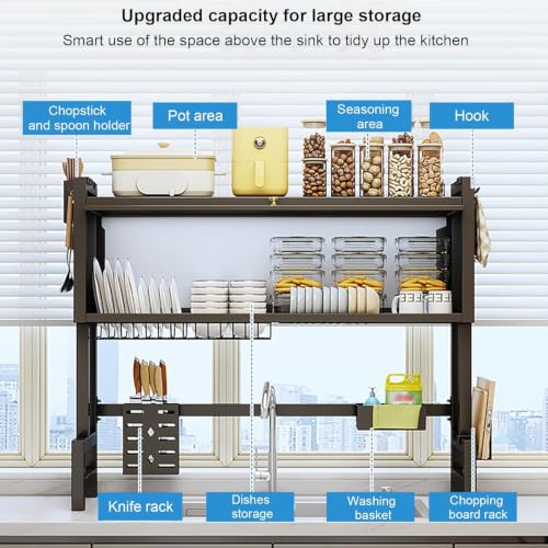 Image of YAGVIZ Dish Drying Rack with Dustproof Flip Cover Door | Kitchen Utensil Stand with Drainer Tray & Cutlery Holder | Over-The-Sink Adjustable Metal Kitchen Countertop Organizer