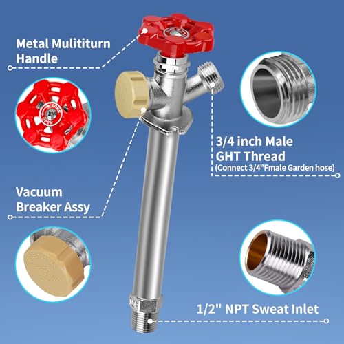 Boltigen 8inch Anti-Siphon Frost Free Sillcock Valve, No Lead Brass Freeze Proof Outdoor Water Faucet, 1/2" NPT X 3/4'' GHT Hose Bib Frost Free Outside Spigot - Image 6
