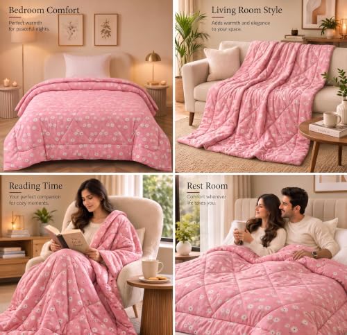 Image of SANMARINO 280 GSM Cotton King Size Comforter | Premium Floral Printed Quilt | Ultra-Soft & Lightweight Reversible AC Blanket for All-Season Comfort, AC Room & Mild Winter - 228x254 cm,Blossom Pink