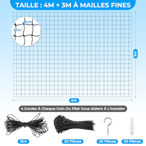 Filet de protection chat 4x3m renforcé noir avec corde de fixation