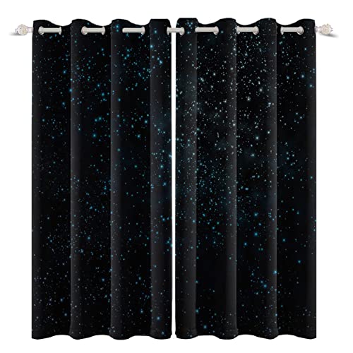 Image of Renaiss Starry Starry Sky Window Curtains Blue Brilliant Stars Window Treatments Black Clear Night Sky Blackout Drapes for Man Woman Bedroom Living Room Decoration Home Decor 21x45 Inches x 2 Panels
