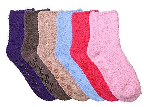 Mopas Women's Anti-Skid Fuzzy Slipper Socks (6 Pairs) (O/S, Plain/Multicolor)