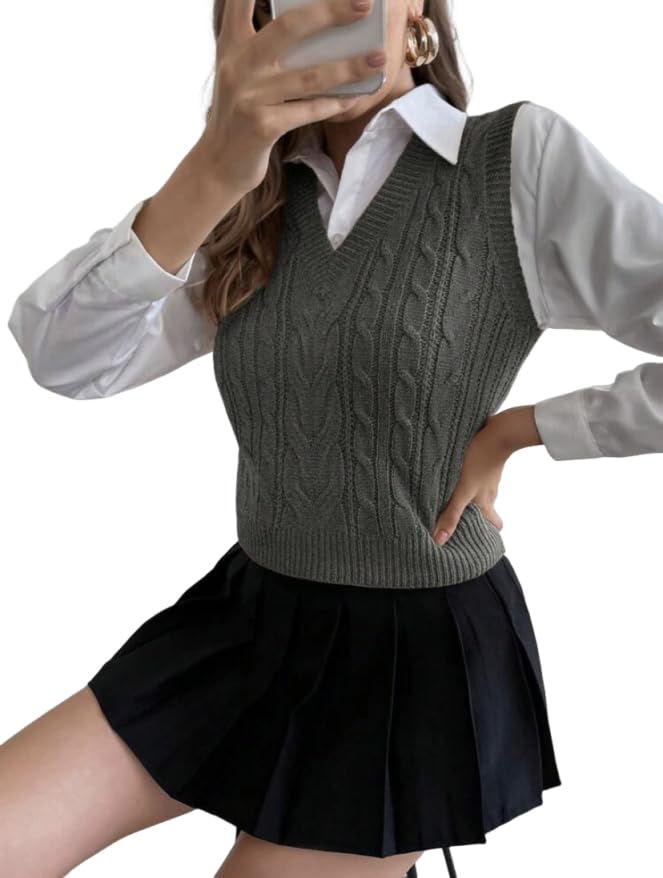 Women Cable Knit Sweater Vest V-Neck Sleeveless Preppy Style Knitted Crop Tank Vest Tops for Women