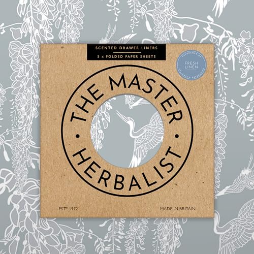 The Master Herbalist | Duftendes Schrankpapier Leinenfrische | Schubladeneinlagen | Klassisches Reiher Design | 5 Blatt | Gefaltet | Mit ätherischen Ölen