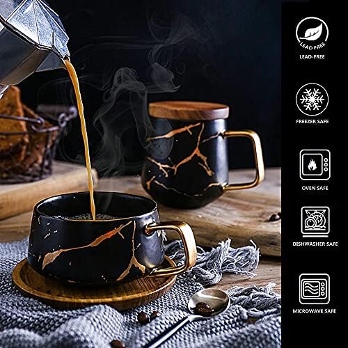 2 Pcs Tea Cup and Saucer Set, Porcelain Espresso Coffee Cup Set, with Saucer and Spoon, Ceramic Mugs for Home, Restaurants - Black, 300 ml