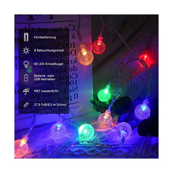 LED Lichterkette Außen Weiß, 60 LED Lichterkette Batterie/USB betrieben, Wasserdichte Lichterkette Kristallkugel mit… – Bild 3