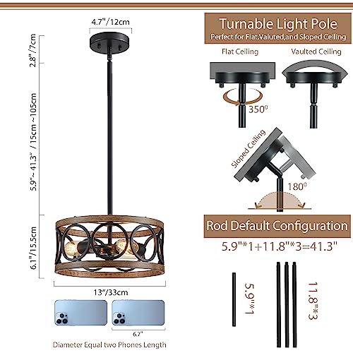 Peskoe 13'' Black Chandelier, 3-Light Farmhouse Modern Pendant Light Fixtures, Drum Ceiling Light For Dining Room Living Room Kitchen Bedroom #TOP2