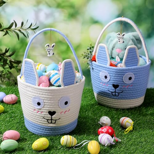 Image of Zopeal 2 Pcs Blue Easter Baskets Woven Rope Bunny Gifts Basket with Ears Large Empty Egg Storage Basket for Easter Party, 9.8 x 7.8 x 7.8 Inch
