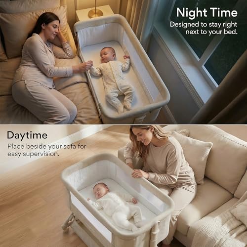 Image of BAYBEE Premium Bedside Crib for Baby with Rocking | Bassinet for New Born with 4 Height Adjustable & Recline | Baby Cot with Mosquito Net & Storage Box | Bedside Cribs & Cots for 0 to 2 Years (Kaki)