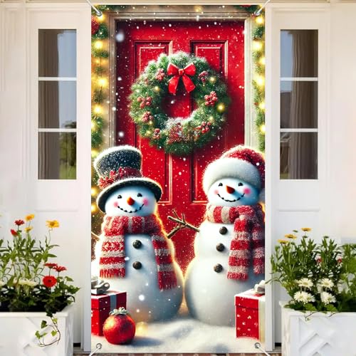 Image of BlissYard Door Cover Snowman Pair Pine Greenery 35x71 Inch Polyester | Door Banner, Wall Decor | Snowman Pair Accent, Pine Greenery Backdrop | Porch, Hallway, Party (Winter Art)