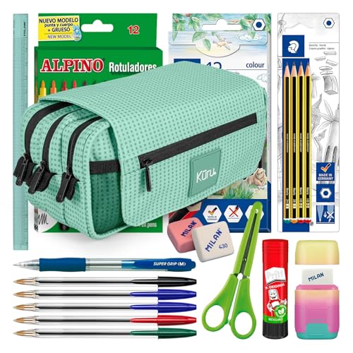 Colepack Kuru - Lote De Estuche Portatodo Triple Con 3 Cremalleras Y Material Escolar De Primeras Marcas Incluido Menta