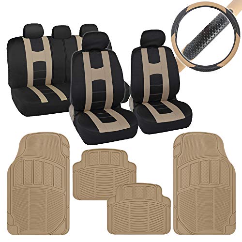 BDK AutoSport Full Set Combo All Protective Seat Covers (2 Front 1 Bench) with Universal Heavy-Duty All-Weather Trim Fit Rubber Floor Mats (4 Mats) & Steering Wheel Cover for Car Auto Sedan Truck SUV