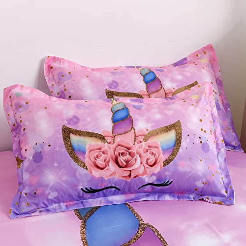 Qjmiaofang Unicorn Sheets Twin Size For Kids Girls Pink Unicorn Bedding Set 2Pieces Flowers Printed Fitted Bed Sheet Set Sparkling Hearts Pattern Bedding With 1Pillowcase For Home Decor #TOP7