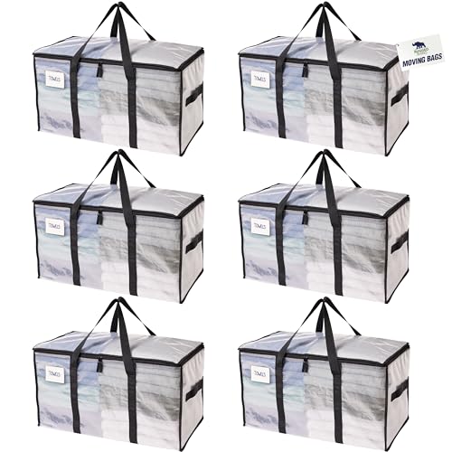 RUGGED RHINO 6 Pack Heavy Duty Extra Large Moving Bags, Durable Bag with Strong Handles and Zipper, Moving Boxes Alternative for College Packing, Holiday Décor, Space Saving Storage with Label, Clear