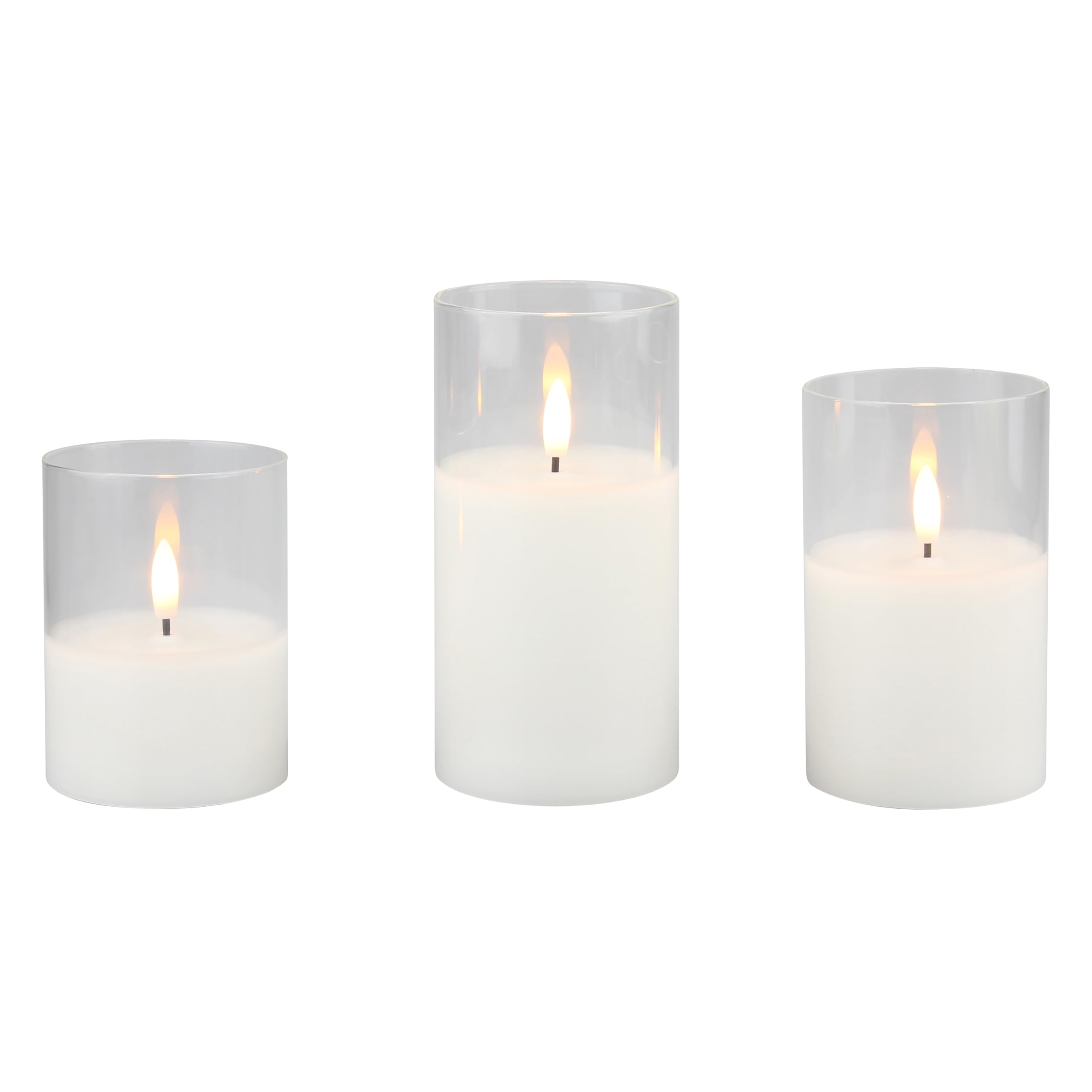 Stonebriar 3 Pack Real Wax Assorted Size Flameless LED Pillar Candles in Glass Hurricane with Remote and Timer