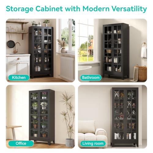 Image of Metal Storage Cabinet with Glass Doors and Adjustable Shelves