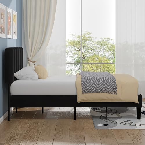 Image of VECELO Twin Size Bed Frame with Upholstered Headboard, Velvet Platform Bedframe Mattress Foundation, Strong Wood Slat Support, No Box Spring Needed,Black