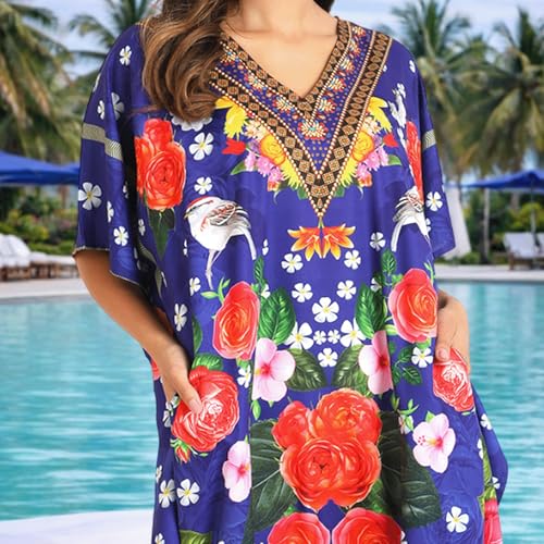 Image of Miss Lavish London Blue Floral Kaftan Dresses for Women V Neck Batwing Sleeve Maxi Beach Cover Up, Ethnic Print Plus Size Caftan with Side Slits & Pockets, Womens Resort Wear Swim Coverup-Blue-XL
