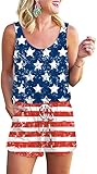Womens 4th of July Romper Casual Summer American Flag Short Jumpsuit Cute Patriot Striped and Stars Loose Crew Neck Elastic Waist Drawstring Independence Day Rompers Sleeveless Outfits with Pockets