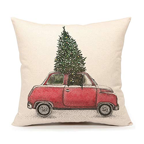 4TH Emotion Christmas Tree and Red Car Throw Pillow Cover Home Decorative Cushion Case 18 x 18 Inch Cotton Linen for Sofa(Vintage Truck)