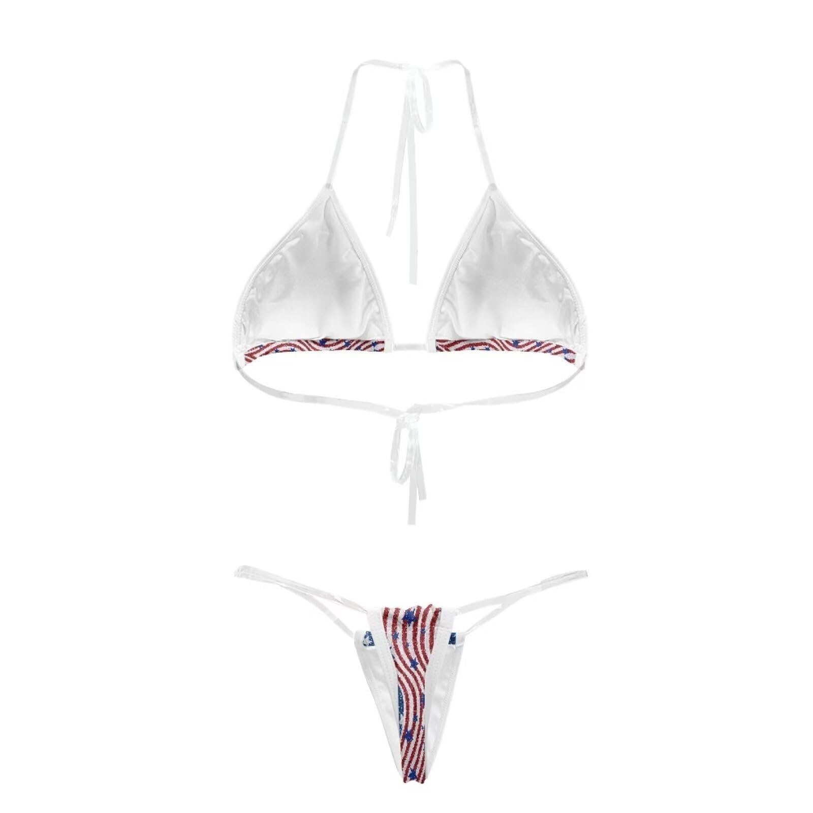 Yewattles Women's 2 Piece Thong Bikini Sets American Flag Stars Stripes Halter Triangle Swimsuit Brazilian String Bathing Suits Sexy No Tan Line for Swimwear Tropical Vacations Summer Beach