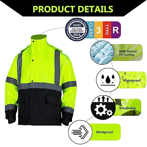 Class 3 High Visibility Rain Suit With Detachable Hood Waterproof Lime Reflective Safety Worker Jacket & Pants (L/XL Yellow) - Image 4