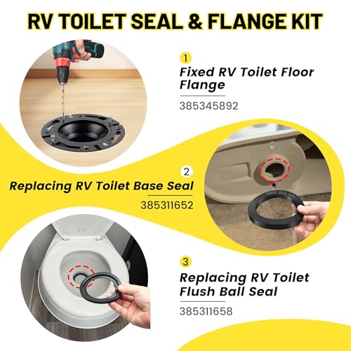 Image of Oyviny RV Toilet Flange and Seal Kit Replacement for Dometic 300 310 320 Series, 3 inch Floor Flange with Gasket and Flush Ball Seal, Replaces 385345892 385311652 385311658