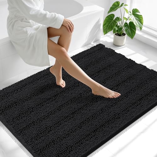 Image of Smiry Thick Chenille Large Bathroom Rugs 47x32, Extra Soft Absorbent Striped Bath Mat, Machine Washable, Rubber Backing, Bath Rugs for Bathroom, Tub & Shower, Home Decor Accessories, Black