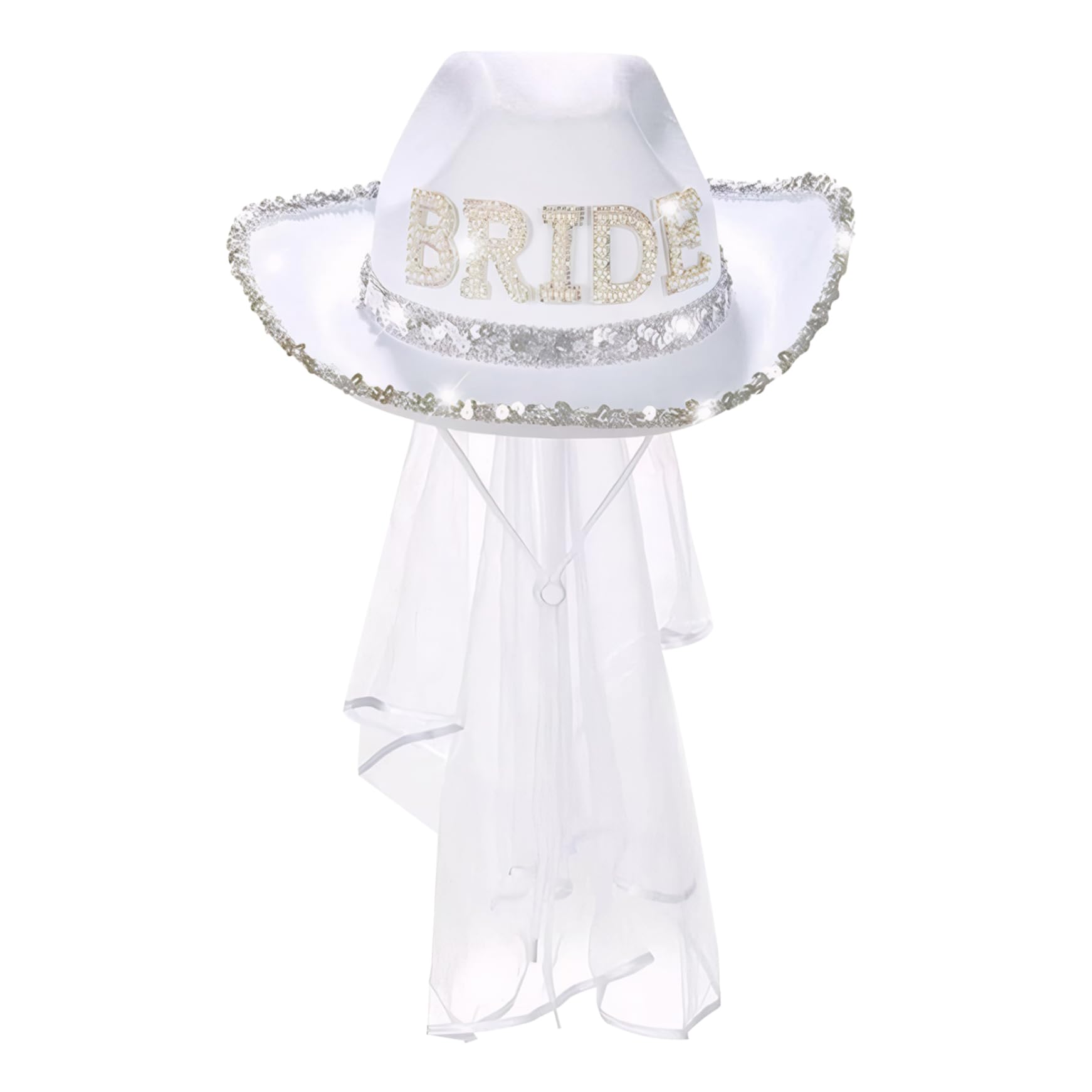 Hombo de Vaquera de Novia con Sombrero de Novia con Velo Sombrero de Vaquera Blanca con Correa de Barbilla Ajustable Sombrero de Vaquero para Soltera