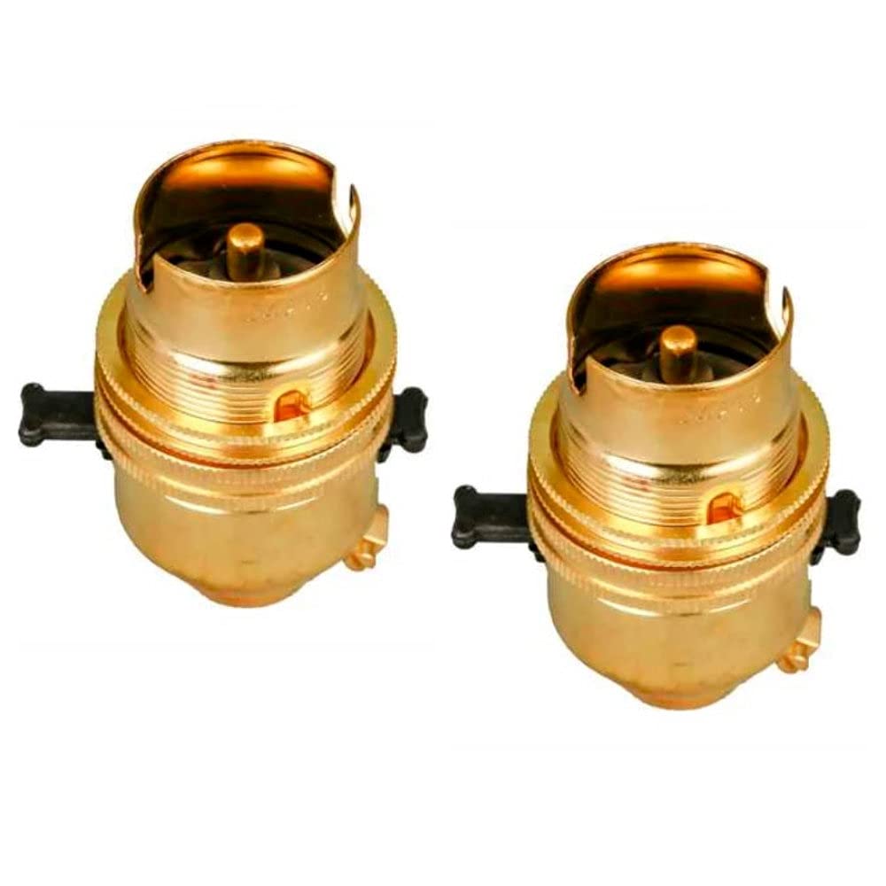 2 Pack | Natural Brass 1/2" (13mm) Entry Switched Lampholder with Shade Ring | Bayonet Cap BC B22 Fitment | High Grade Brass Metal | UK Approved