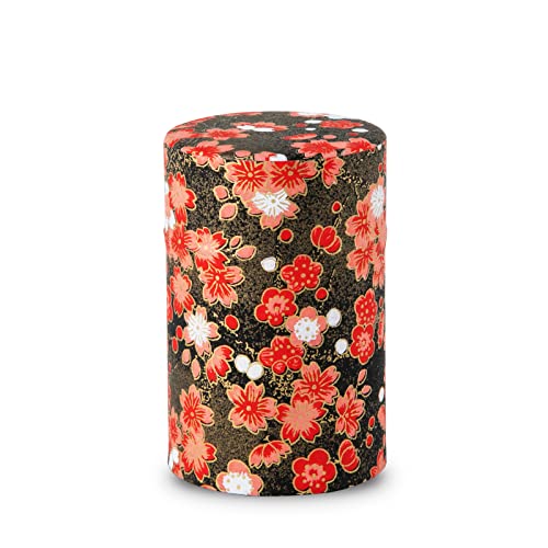 のレン 茶筒 茶缶 キャニスター 100g缶 (和紙の茶筒 - 梅 ブラック) / 日本製 友禅和紙 スチール缶 中蓋つき 密閉 容器 保存容器 乾物容器/茶筒 おしゃれ お茶缶 容器