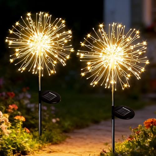 yowin Solarlampen für Außen Garten 2 Stück 120 LED Solarleuchten Gartenstecker, IP65 Wasserdicht Pusteblume Solar Gartenleuchten 8 Modi Feuerwerkslichter für Aussen Balkon Blumenkästen Terrasse Deko