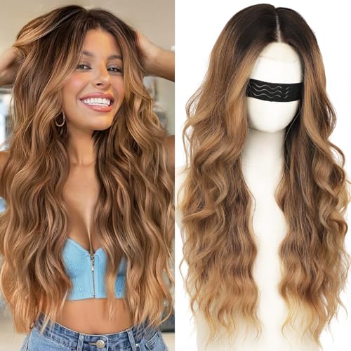 Nnzes Long Brown Mixed Blonde Wavy Wig 4x1 Lace Natural Hairline Middle Part Curly Heat-Resistant Synthetic Fiber for Women & Beginners Daily Party Use 26In