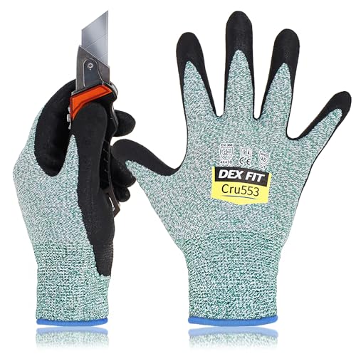 Image of DEX FIT Level 5 Cut Resistant Gloves Cru553, 3D Comfort Stretch Fit, Power Grip, Durable Foam Nitrile, Pass FDA Food Contact, Smart Touch, Thin & Lightweight, Green Large 3 Pairs