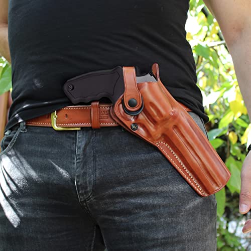 Premium Leather Three Slots Belt Holster With Retention Strap Fits Taurus Raging Hunter 44 Mag/ 454 Casull 5.12" Bbl, Right Hand Draw, Brown Color #1575# #TOP3