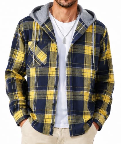 Image of SCODI Mens Flannel Hoodie Shirt Casual Button Down Plaid Long Sleeve Shirts