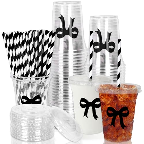 Whaline 50 Pcs Black Bow Disposable Plastic Cups with Lids and Straws 12 Oz Elegant Bow Knot Cold Beverage Drinking Cups for Wedding Birthday Bridal Baby Shower Party Supplies